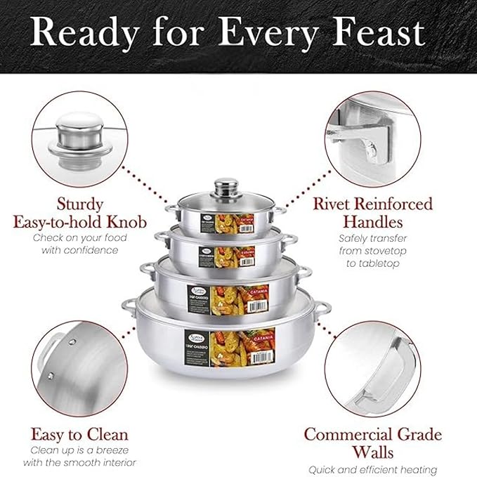 Alpine Cuisine Premium 8-Piece Nonstick Aluminum Caldero Set with Glass Lids Versatile Pots for Stews, Rice & Soups in 2,3.5,7,13 Quart Sizes