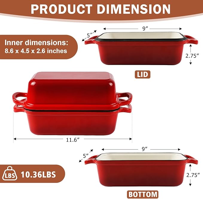 9 x 5 Inch Bread Pan Enameled Cast Iron Loaf Pan with Lid for Baking, 2 in 1 Non-stick Sourdough Bread Loaf Pan for Homemade Bread, Oven & Stovetop Safe for Gas, Electric & Induction, Red