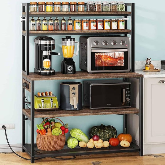 Denkee Large Bakers Rack with Power Outlets, 38 Inch Microwave Stand with Storage, 5-Tier Coffee Bar Stand, Industrial Kitchen Shelf Rack, Rustic Brown
