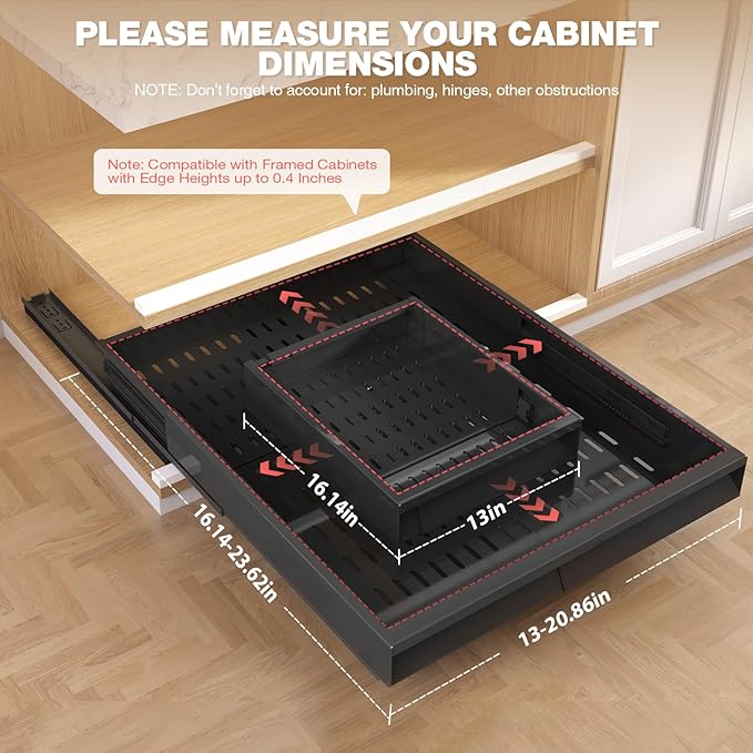 2 Pack Pull Out Cabinet Organizer With Raising Pad for Framed Cabinets,Expandable Width (13"-21") and Depth (17"-24"),3 Slide Rails Slide Out Drawers with Handle,No-Drill Roll Out Shelf,Black