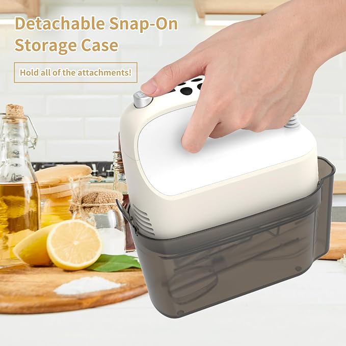 9-Speed Digital Hand Mixer Electric, 400W Powerful DC Motor, Hand Mixer Electric Handheld with Snap-On Storage Case, 5 Stainless Steel Accessories, Beaters, Dough Hooks, Whisk(Cream White)