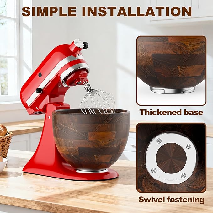 Cofun Premium Wood Mixing Bowl, Compatible with 4.5-5 Qt Tilt-Head Stand Mixers, Natural True Wooden Bowls, 5 Qt Kitchen Aid Bowls for Mixer with Stainless Steel Locking Base
