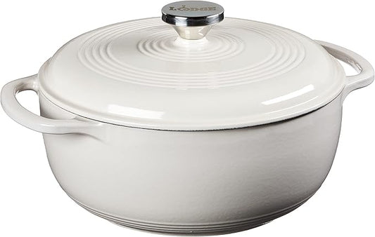 Lodge 4.5 Quart Enameled Cast Iron Dutch Oven with Lid – Dual Handles – Oven Safe up to 500° F or on Stovetop - Use to Marinate, Cook, Bake, Refrigerate and Serve – Oyster White