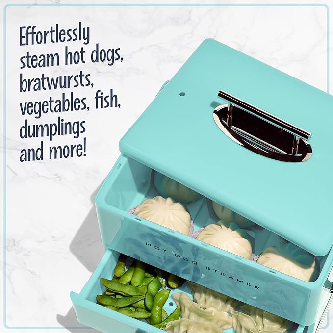 Nostalgia Extra Large Diner-Style Steamer, 20 Hot Dogs and 6 Bun Capacity, Perfect for Breakfast Sausages, Brats, Vegetables, Fish, Aqua