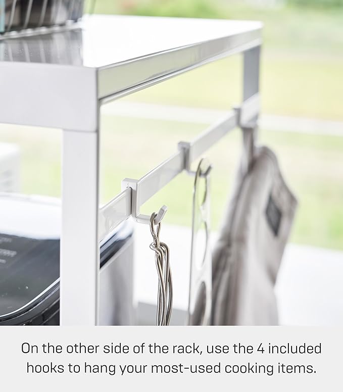 YAMAZAKI Home Kitchen Appliance Rack, Microwave Stand With Steel Side Panel, Adjustable Shelves, Hooks & Storage For Countertops, Small Kitchen Organizer, Modern Minimal Design - Steel
