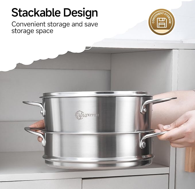 LOLYKITCH Tri-ply Stainless Steel 5 QT Stock Pot with Steamer,Induction Cooking Pot,Pots and Pans,Heavy Duty,Dishwasher and Oven Safe.
