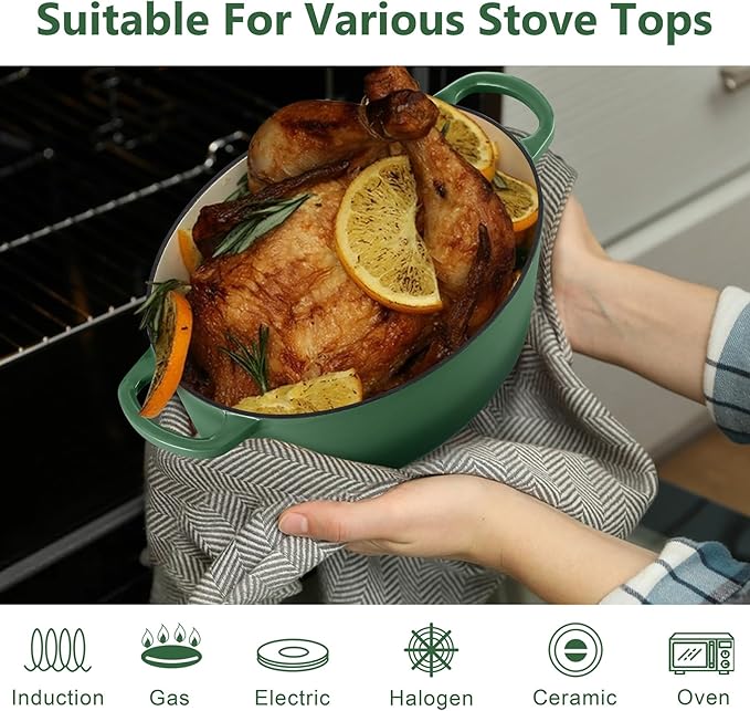 TeamFar Oval Dutch Oven, 5qt Enameled Cast Iron Dutch Oven Pot with Lid, For Bread Baking/Stewing/Braising/Frying, Suitable for Various Stoves, Dual Handles & Easy Cleanup, Basil Green