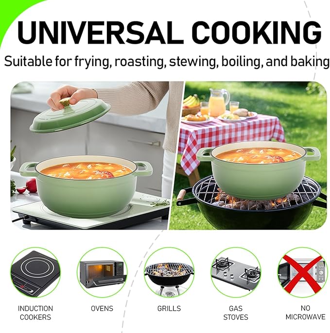 Bonnlo Round Dutch Oven, Enameled Cast Iron Dutch Oven Pot with Lid & Dual Handles, Oven Safe Up to 500° F, for Sourdough, Bread Baking, Stews and Roasting (Green, 5 Quart)