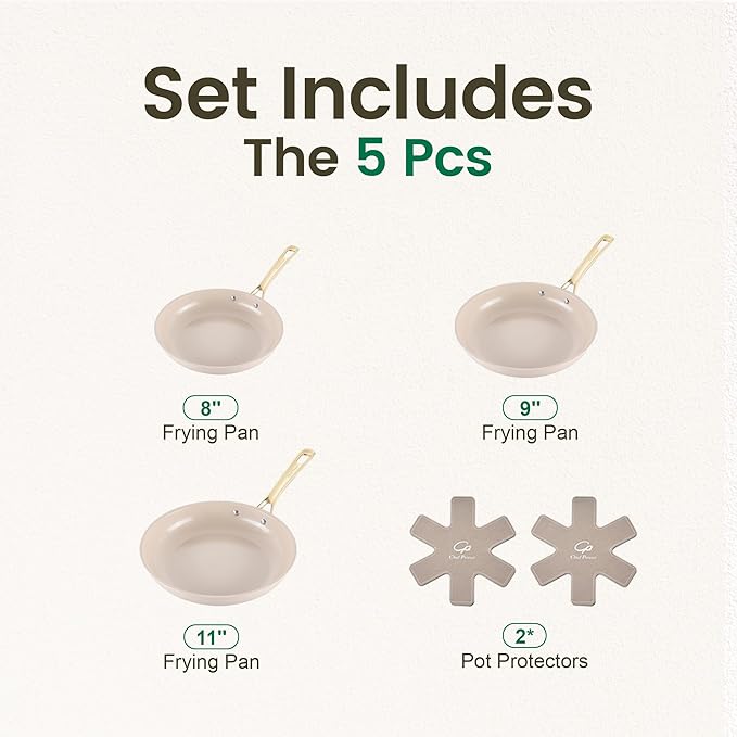 Chef Power Ceramic Frying Pan with Stainless Steel Handle 5Pcs Set, Non Stick Grill Pan Set, Dishwasher and Oven Safe, Taupe and Light Gold Handle