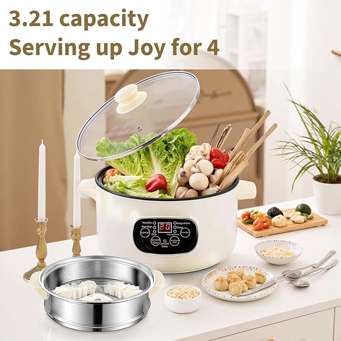 SOONHUA 3.2L Non-Stick Electric Hot Pot with Steamer, Multifunctional Electric Cooker with 9.5H Delay Timer & 6 Presets, Electric Cooking Pot for Soup, Rice, Noodles, Home & Dorm Use