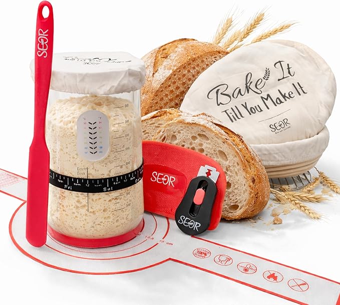 SEOR 10Pc Premium Sourdough Starter Kit; Complete Bread Baking Kit with Jar; Includes 2 Sourdough Proofing Baskets, Glass Fermentation Jar, Sourdough Tools & Baking Supplies for Artisan Loaves
