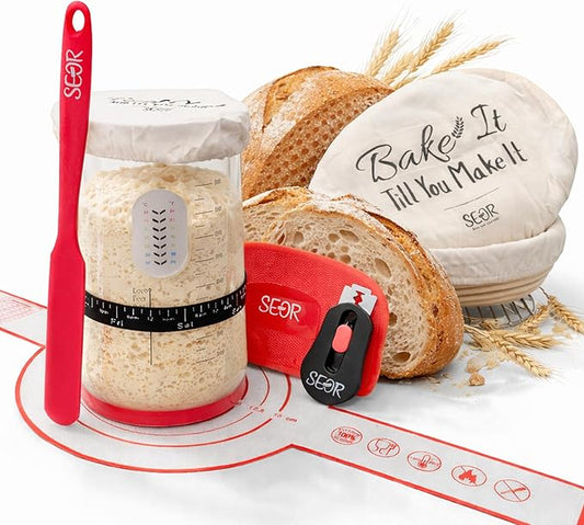 SEOR 10Pc Premium Sourdough Starter Kit; Complete Bread Baking Kit with Jar; Includes 2 Sourdough Proofing Baskets, Glass Fermentation Jar, Sourdough Tools & Baking Supplies for Artisan Loaves