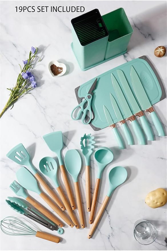 19 Pieces Kitchen Utensils and Knife Set with Block, Inldued 9 Pieces Silicone Cooking Utensils Set 5 Pieces Sharp Stainless Steel Chef Knives Scissors Whisk Tongs and Cutting Board (BEIGE)