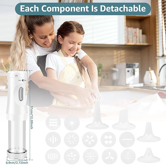 Electric Cookie Press Gun，DIY Cookies Maker Set with 12 Cookie Discs and 4 Icing Nozzles, Electric Cookie Press Decorating Kit for Baking Biscuit Maker
