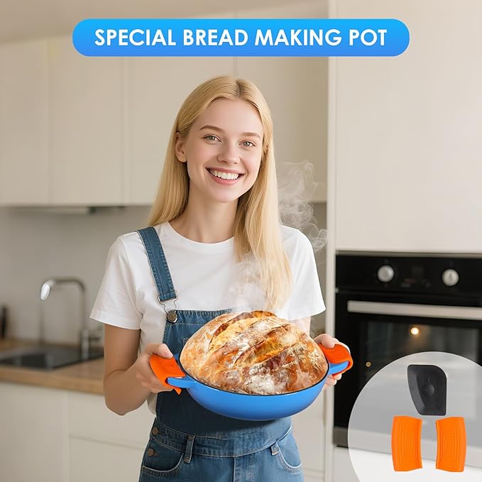 LIFERUN 6qt Enameled Cast Iron Dutch Oven for Sourdough Bread Baking, Non-Stick Dome-Shaped Bread Oven Pot with Lid, Silicone Handles and Scraper, Blue