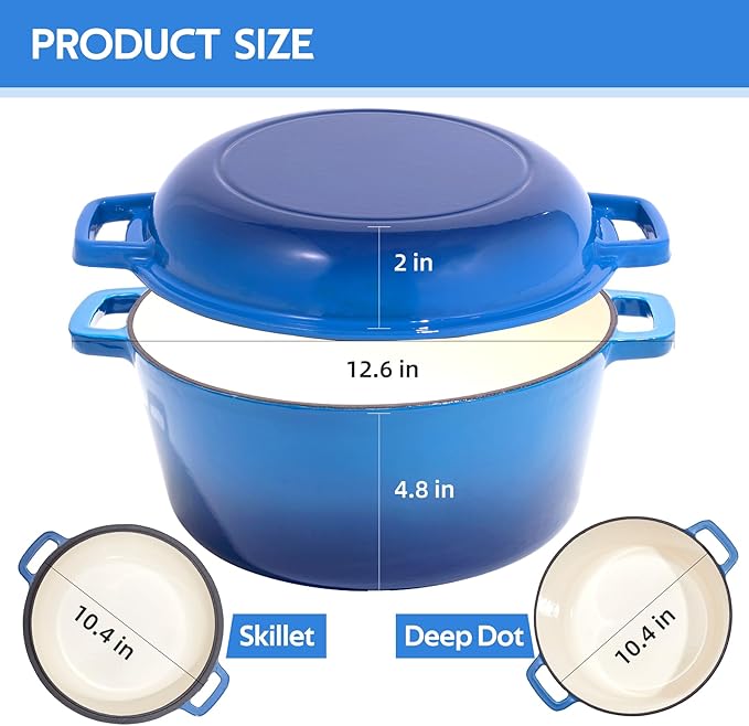2 in 1 Enameled Cast Iron Dutch Oven Pot 6QT with 2QT Lid - Big Dual Handles - Oven Safe up to 500°F - Classic Round Pot for Versatile Cooking Blue