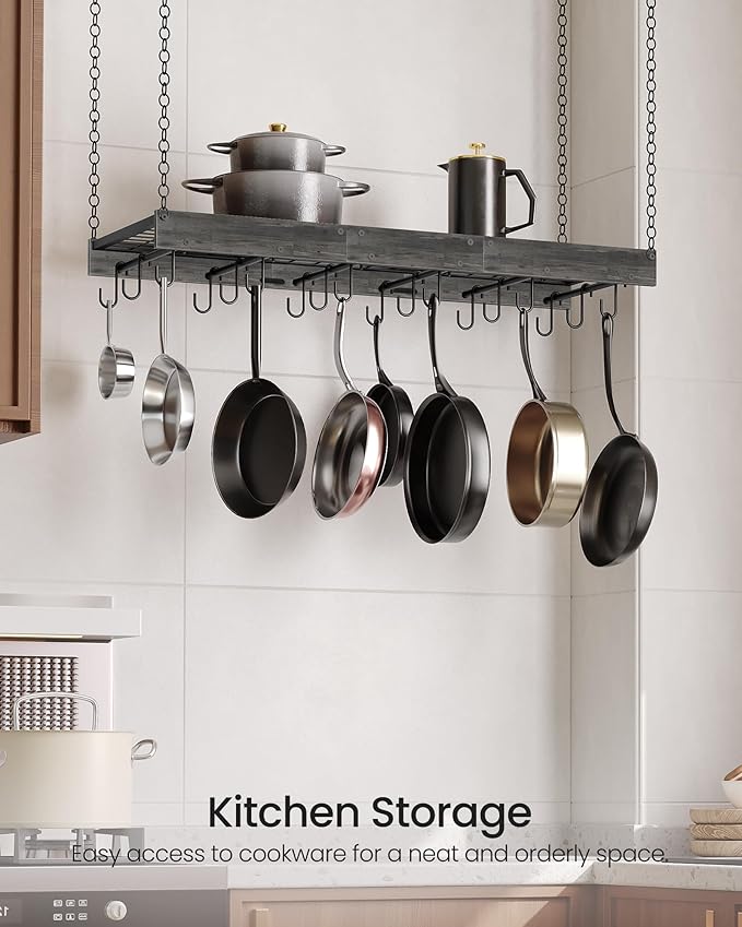 Hanging Pot Rack, 35.4" L x 13" W Ceiling Pot Hanger, Industrial Style Pot Rack, Wall Mounted Pot Hanger for Kitchen, Pot and Pan Hanging Rack, with Hooks, Charcoal Black and Black TPR12BCC1