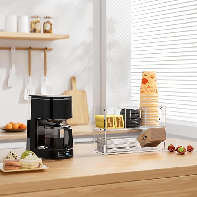 Coffee Condiment and Cup Organizer - 2-Tier Upright Cup and Lid Holder with Straw Organizer 4 Compartments Clear Acrylic Cup Dispenser for Restaurant Breakroom Coffee Station Countertop