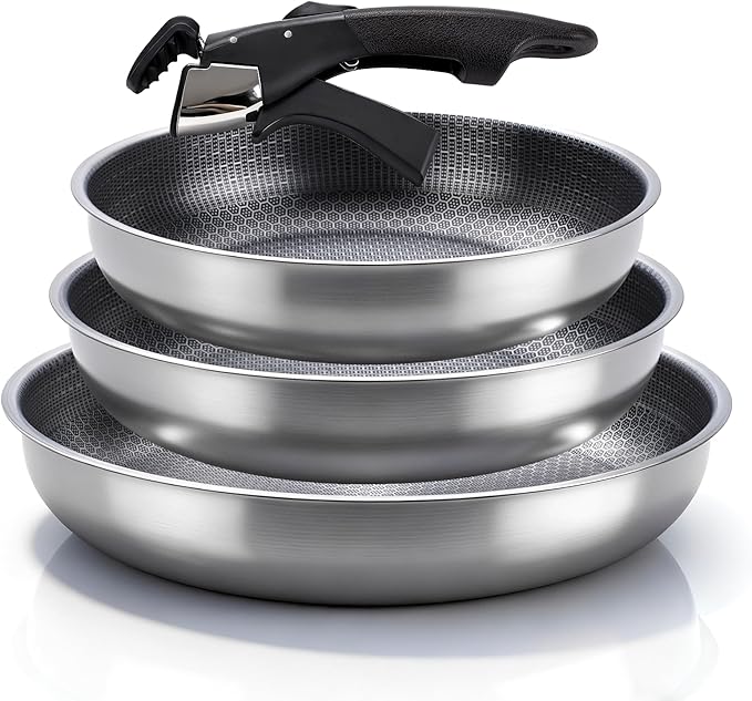 3-Piece Stainless Steel Pan Set with Detachable Handle, Oven Safe Cooking Pan, Multiple Sizes Skillets (10,11,12.5 inch), Induction & Cooktop Compatible Frying Pan