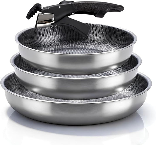3-Piece Stainless Steel Pan Set with Detachable Handle, Oven Safe Cooking Pan, Multiple Sizes Skillets (10,11,12.5 inch), Induction & Cooktop Compatible Frying Pan