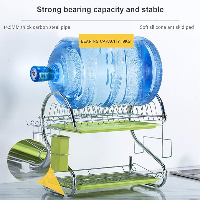 2 Tier Dish Racking System with Removable Drain Board - Sturdy Steel Kitchen Counter Organizer for Efficient Drying and Utensil Storage