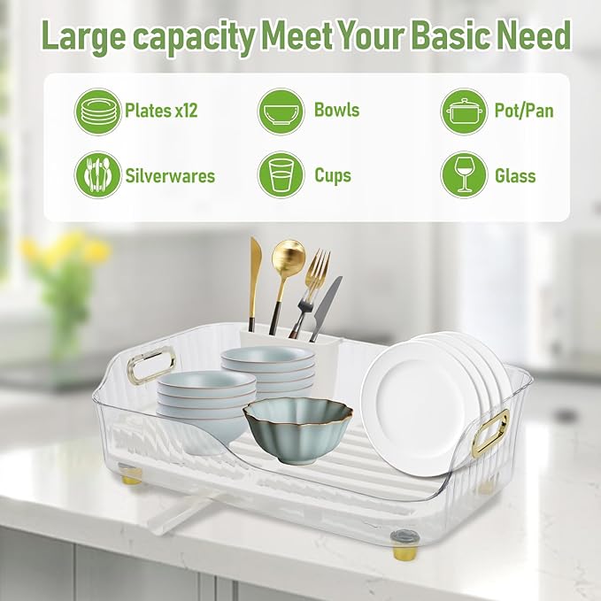 Dish Drying Rack, Plastic Dish Rack, Large Capacity Dish Drainer Rack, Space Saving Plate Drying Rack, Clear Kitchen Draining Rack for Chopsticks Bowl Plate Spoon (White)