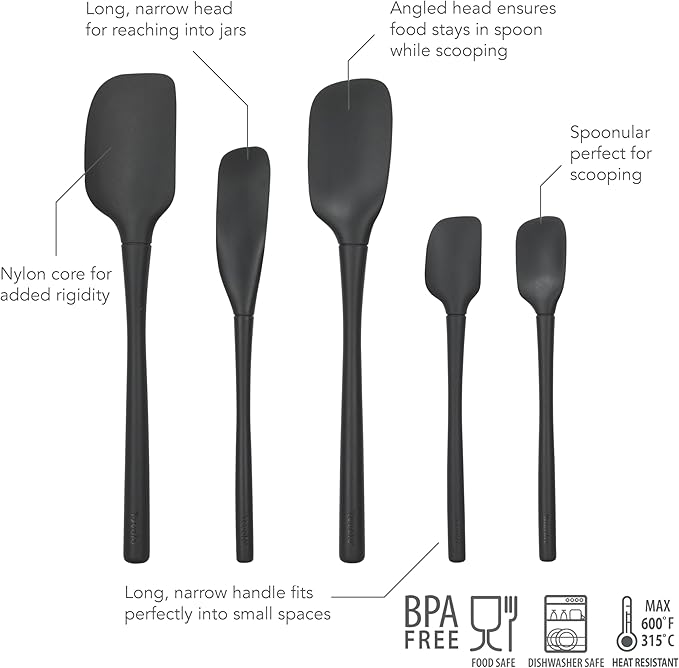 Tovolo Flex Core 5 Piece Silicone Spatula Set Heat Resistant All Silicone Utensils Include Non Stick Spatula Spoonula Jar Scraper, Dishwasher Safe BPA Free Spatulas for Baking Mixing, Black