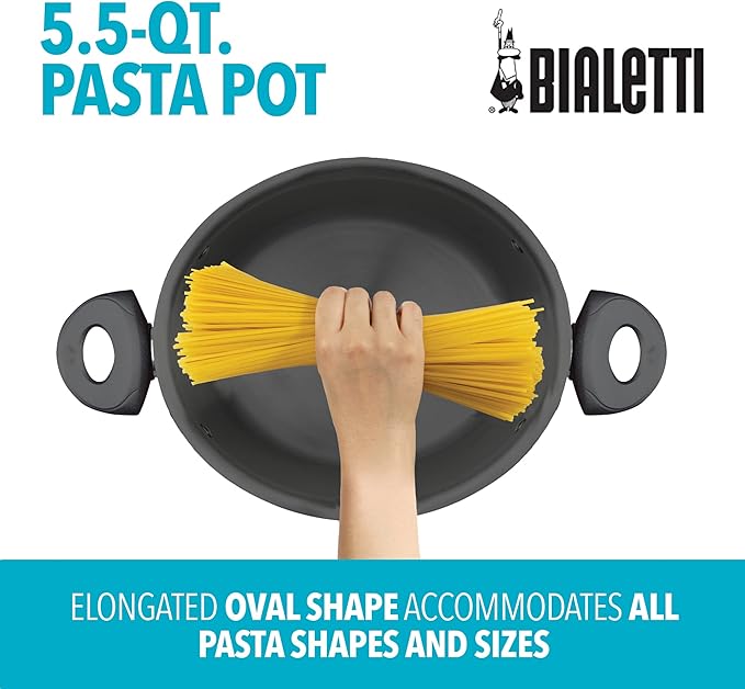 Bialetti 5.5-Quart Nonstick Aluminum Pasta Pot with Strainer Lid and Handles,PFOA-Free Nonstick Oval Cooking Pot and Lid,Black,(Pack of 2)