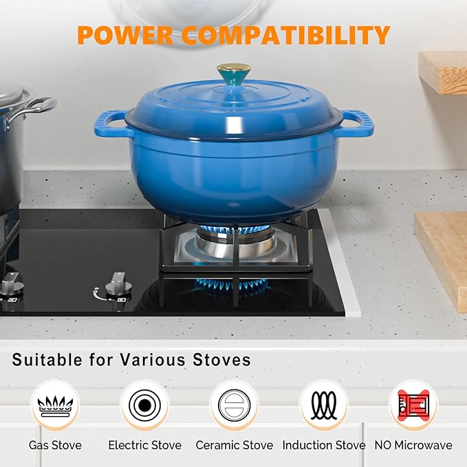 ROVSUN Enameled Cast Iron Round Dutch Oven, 7.5QT Pot with Lid &Dual Handles with Silicone Gloves,Oven Safe up to 500°F, Heavy-Duty Pre-Seasoned Cookware for Bread Baking, Braising, Stews, Roasting,Blue
