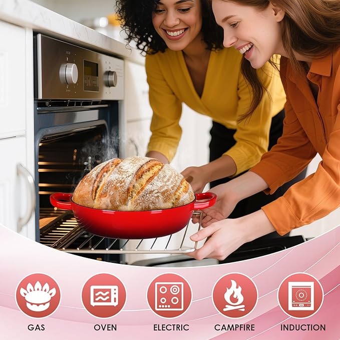 LIFERUN 6qt Enameled Cast Iron Dutch Oven for Sourdough Bread Baking, Non-Stick Dome-Shaped Bread Oven Pot with Lid, Silicone Handles and Scraper, Red