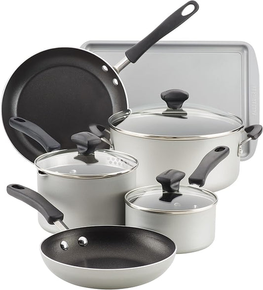 Farberware Cookstart DiamondMax Nonstick Cookware/Pots and Pans Set, Dishwasher Safe, Includes Baking Pan and Cooking Tools, 15 Piece - Silver
