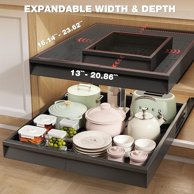 2 Pack Pull Out Cabinet Organizer With Raising Pad for Framed Cabinets,Expandable Width (13"-21") and Depth (17"-24"),3 Slide Rails Slide Out Drawers with Handle,No-Drill Roll Out Shelf,Black