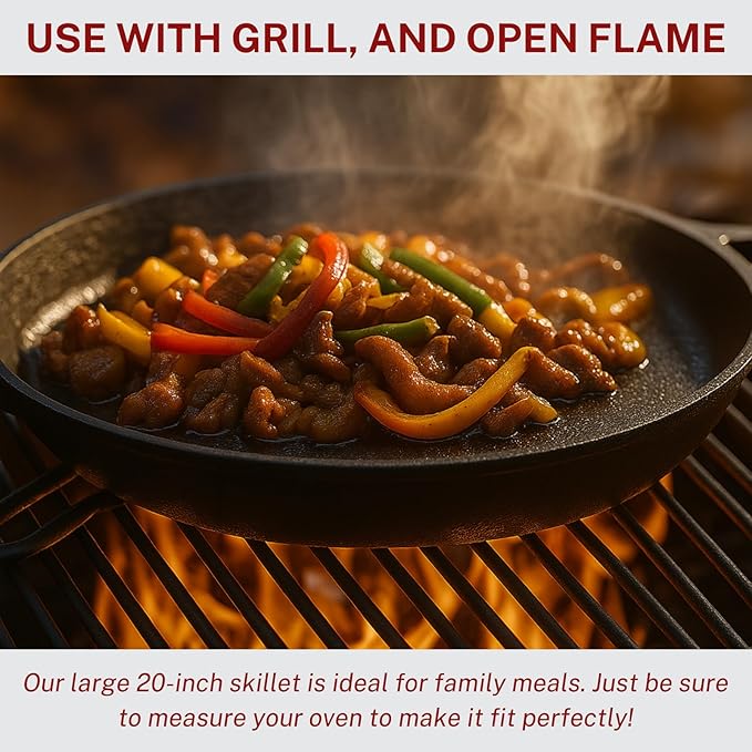 Large Cast Iron Skillet 20 Inch, Pre Seasoned Cast Iron Skillet for Cooking & Frying – XL Heavy Duty Pan with Dual Handles and Cleaner Scrubber – Ideal for Grill, Oven, Stove, Campfire Use
