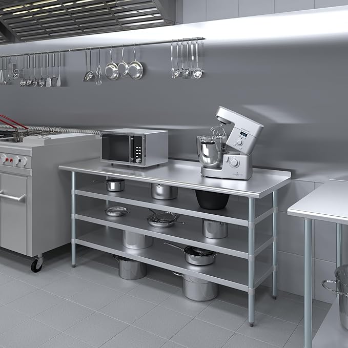 AmGood Stainless Steel Work Table with 1.5" Backsplash and 3 Shelves | Metal Kitchen Food Prep Table | NSF (72" Long x 24" Deep)