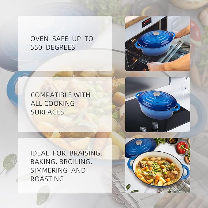 5.5 Quart Oval Enameled Cast Iron Dutch Oven Pot with Lid, Oven Safe up to 550° F & Dishwasher Safe, Sturdy Dutch Oven Cookware