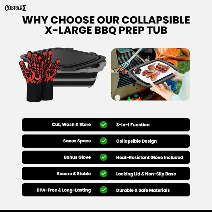 XL Collapsible BBQ Prep Tub with Cutting Board & Drain Plug – Portable Food Prep Station for Kitchen, Camping & Grill – Dishwasher Safe, Space-Saving Design – Bonus Heat-Resistant Glove Included
