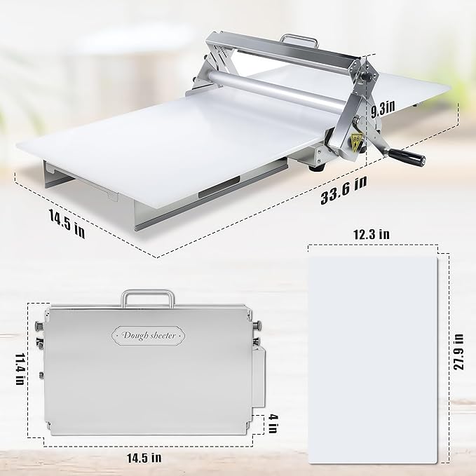 12in Manual Dough Sheeter, Stainless Steel Tabletop Dough Roller Machine, Adjustable Thickness Pastry Sheeter for Pizza, Croissant, Puff Pastry, Fondant and Home Baking