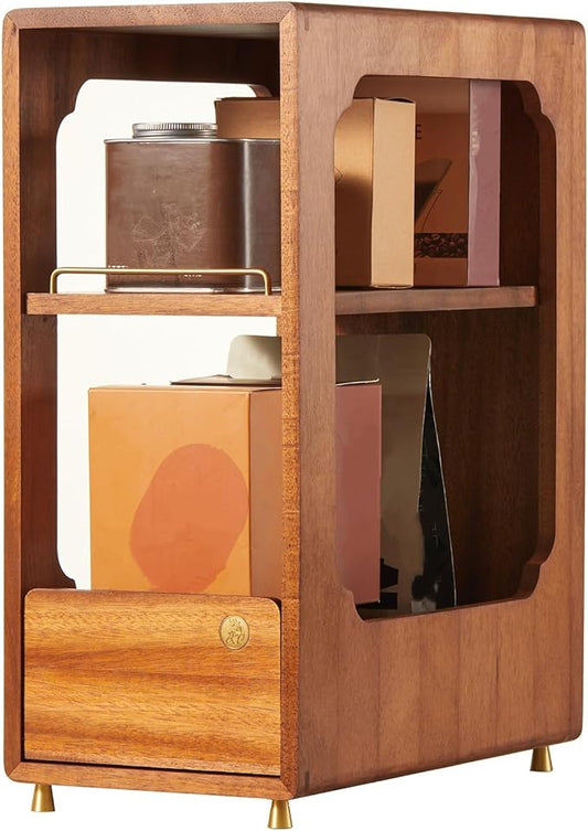 Coffee Station Organizer Wood Coffee Bar Organizer with Drawer Countertop 2 Tier Wood Shelf Storage Accessories for Home Kitchen