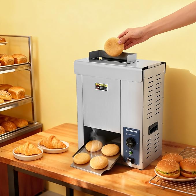 Commercial Burger Buns Toaster, Silver Electric Vertical Burger Bread Baking Machine, 2000w Hamburger Baking Machine with Adjustable Thickness/Temperature for Kitchen Restaurant Hotel