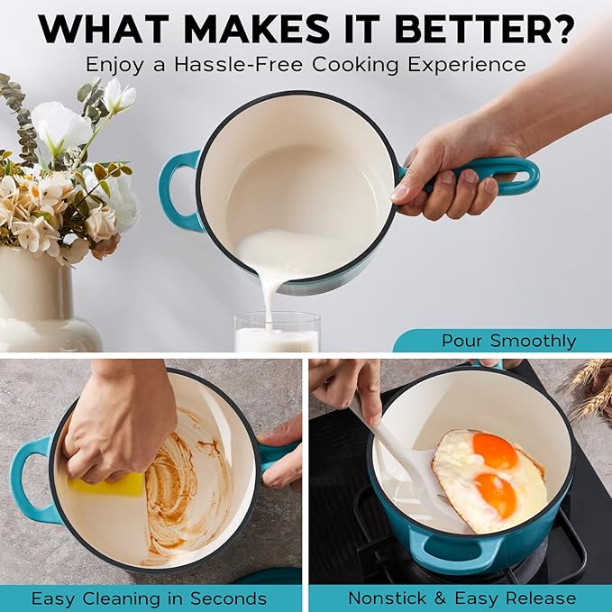 Onader 1QT & 2QT Saucepan Set with Lid, Enameled Cast Iron Sauce Pan Pot, Small Dutch Oven Cooking Kitchen Pot, Nonstick & Heavy Duty, Induction Compatible – Dark Cyan