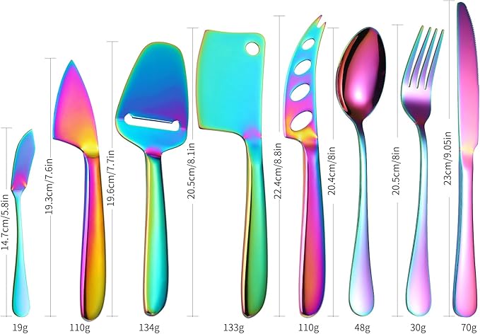 Rainbow Cheese Knives Silverware Set 8 Pieces include Dinning Knife Fork Spoon Stainless Steel Kitchen Gadget Tool Baking Utensils Multifunctional Durable for Daily Use and Parties