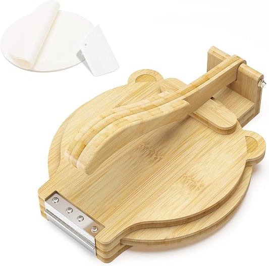 Tortilla Press 10 Inch - Bamboo Quesadilla & Roti Maker with Parchment Paper Sheets & Dough Cutter for Homemade Flour Corn Tortilla, Wood Tortillera Pataconera Tortilla Maker for Home Baking