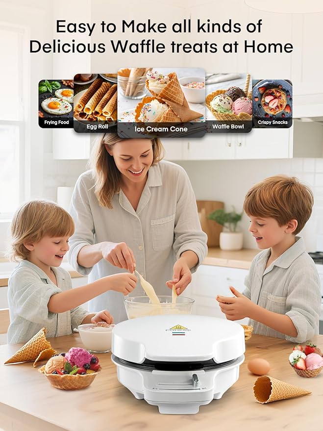 FOHERE Waffle Cone Maker Machine and Ice Cream Bowl Maker with Temperature Control, Double Side Nonstick Waffle Bowl Maker with Cone Roller, 7.5” Thin Waffle Maker for Home Kitchen (White)