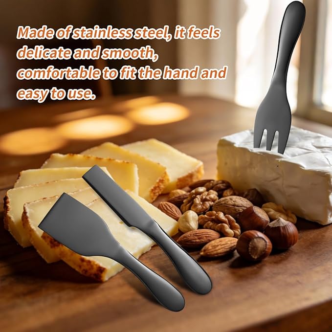 Black Butter Knives Set 7 Pieces Stainless Steel Kitchenware Utensils Gadgets include cheese Knife, Cheese Spreader, Cheese Forks, Cheese Slicer, Cheese Cutter, Butter Knife