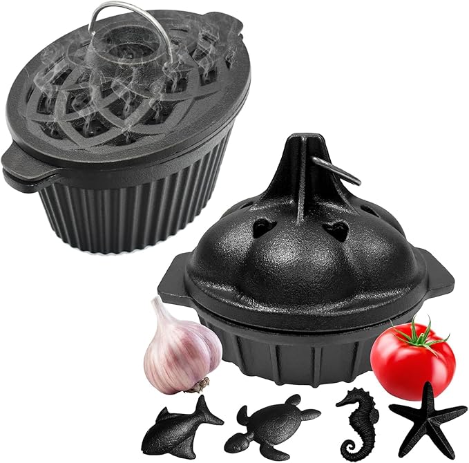 Cast Iron Wood Stove Cooking Bundle, 1.4Qt Steamer/Humidifier + Garlic Roaster with 4 Iron Fish - Dual-Layer Simmer Pot & Smoker Box Set for Vegetables, Meats, and Eco Heating Solutions