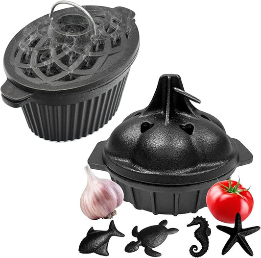 Cast Iron Wood Stove Cooking Bundle, 1.4Qt Steamer/Humidifier + Garlic Roaster with 4 Iron Fish - Dual-Layer Simmer Pot & Smoker Box Set for Vegetables, Meats, and Eco Heating Solutions