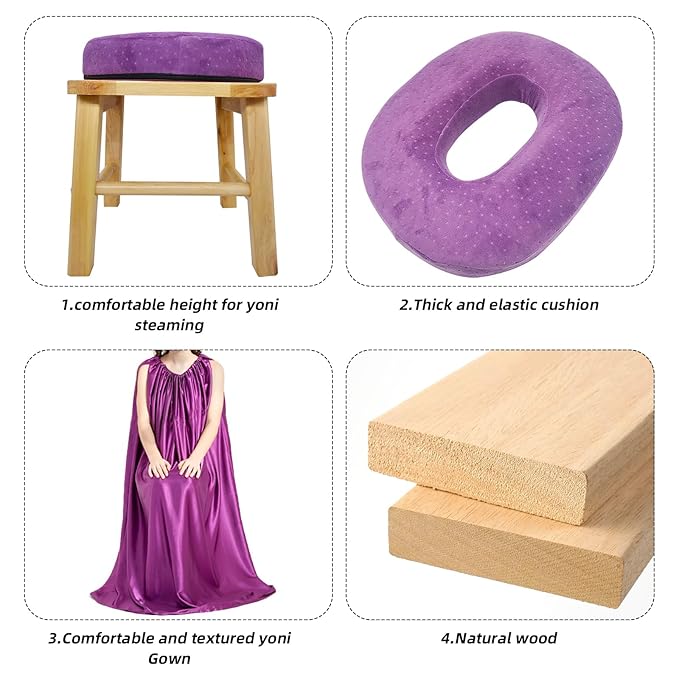 Yoni Seat, Yoni Steaming Kit Yoni Steamer Chair, Yoni Steamer Seat for Toilet, Wood V Steaming Seat Kit with Gown & Cushion for Women Cleansing