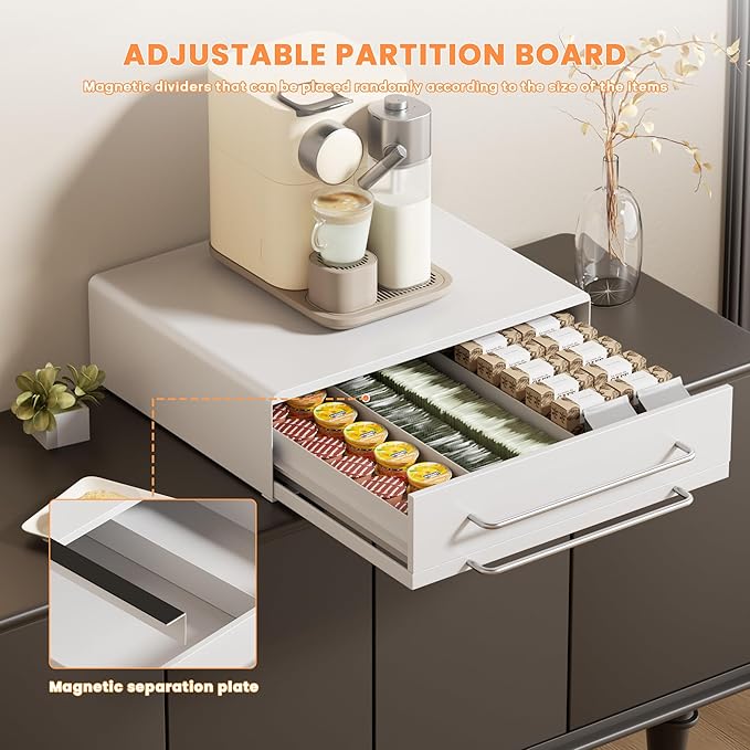 DTK Microwave Stand with Pull-Out Drawer & Tray, Kitchen Storage Drawers Countertop for Compact Microwave, Coffee Station & Kitchen Appliance, Microwave Riser with Storage, White(Stand+Drawer+Tray)