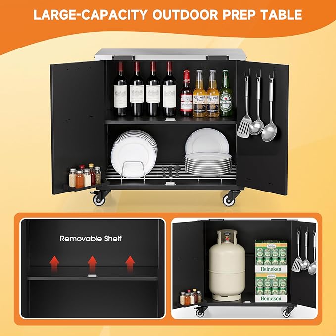 Outdoor Grill Table, Movable Grill Cart with Door, Outdoor Grill Stand with Large Capacity ＆ Hooks, 2 Tier Pizza Oven Table for Outdoor Use