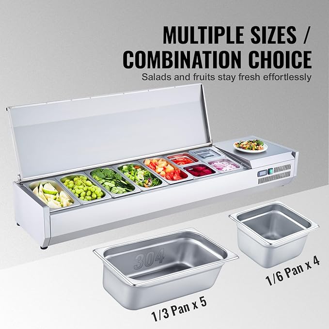 VEVOR Condiment Prep Rail Station, 160 W Countertop Refrigerated Condiment Station, with 5 1/3 4 1/6 Pans, 304 Body and PC Lid, Sandwich Prep Table with Stainless Guard, ETL, Silver